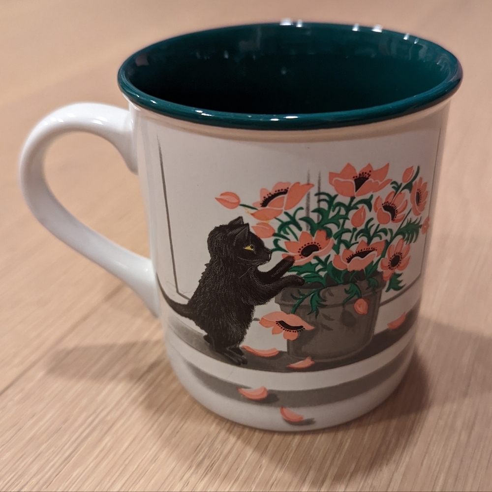 Vintage Cat and Flowers Ceramic Mug